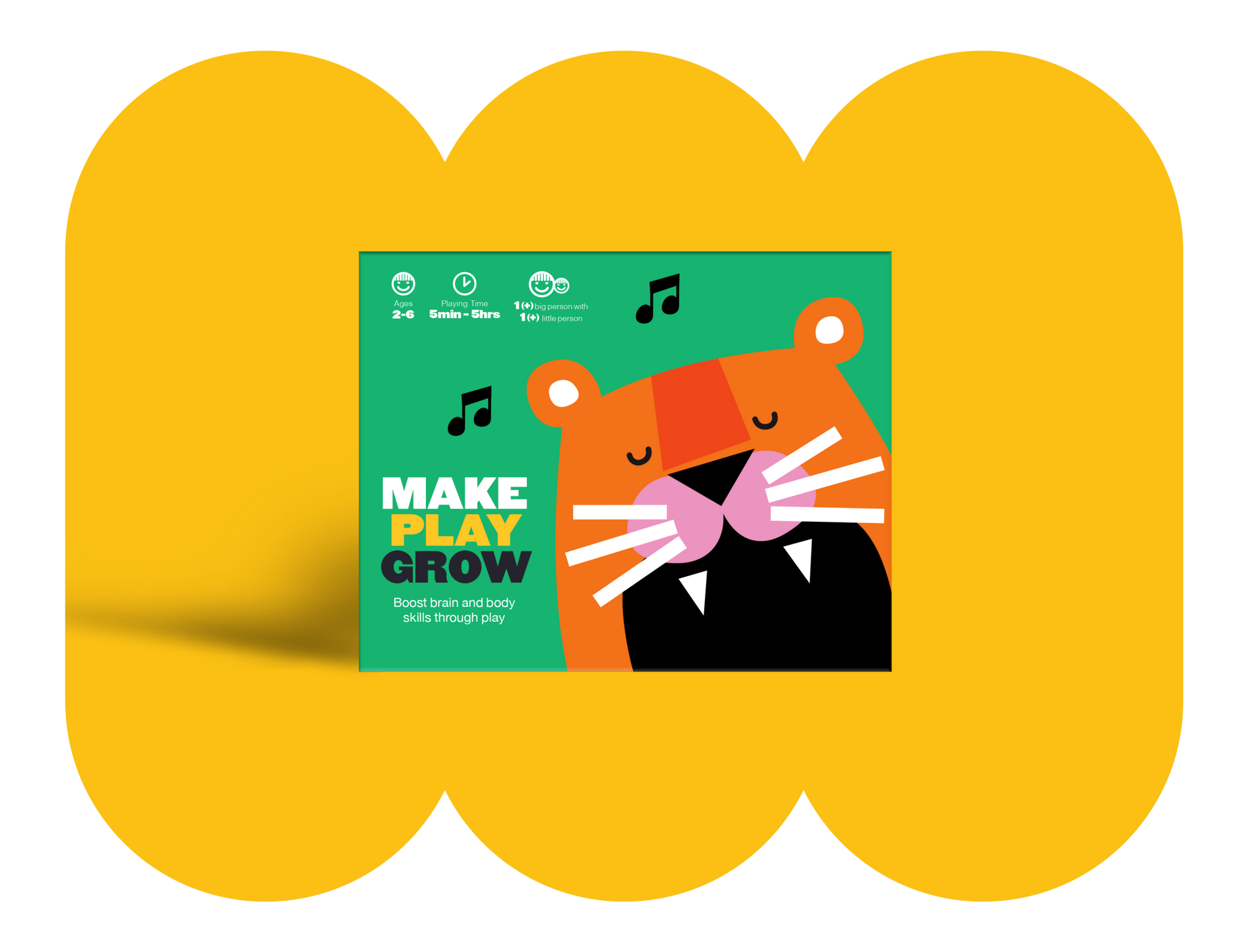Image of the Make Play Grow box front cover on a yellow background 